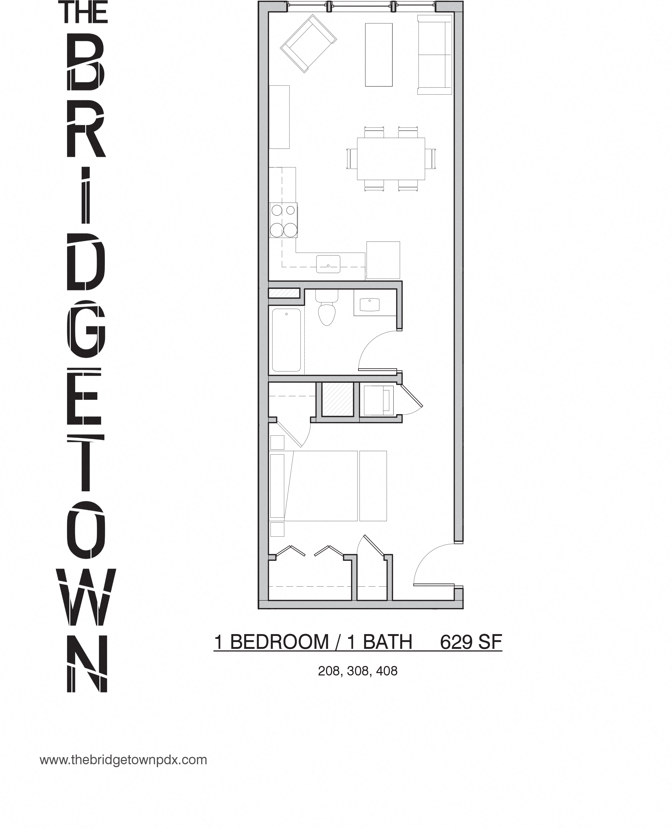 Floor plan for 1 bed, 1 bath, 629 sqft